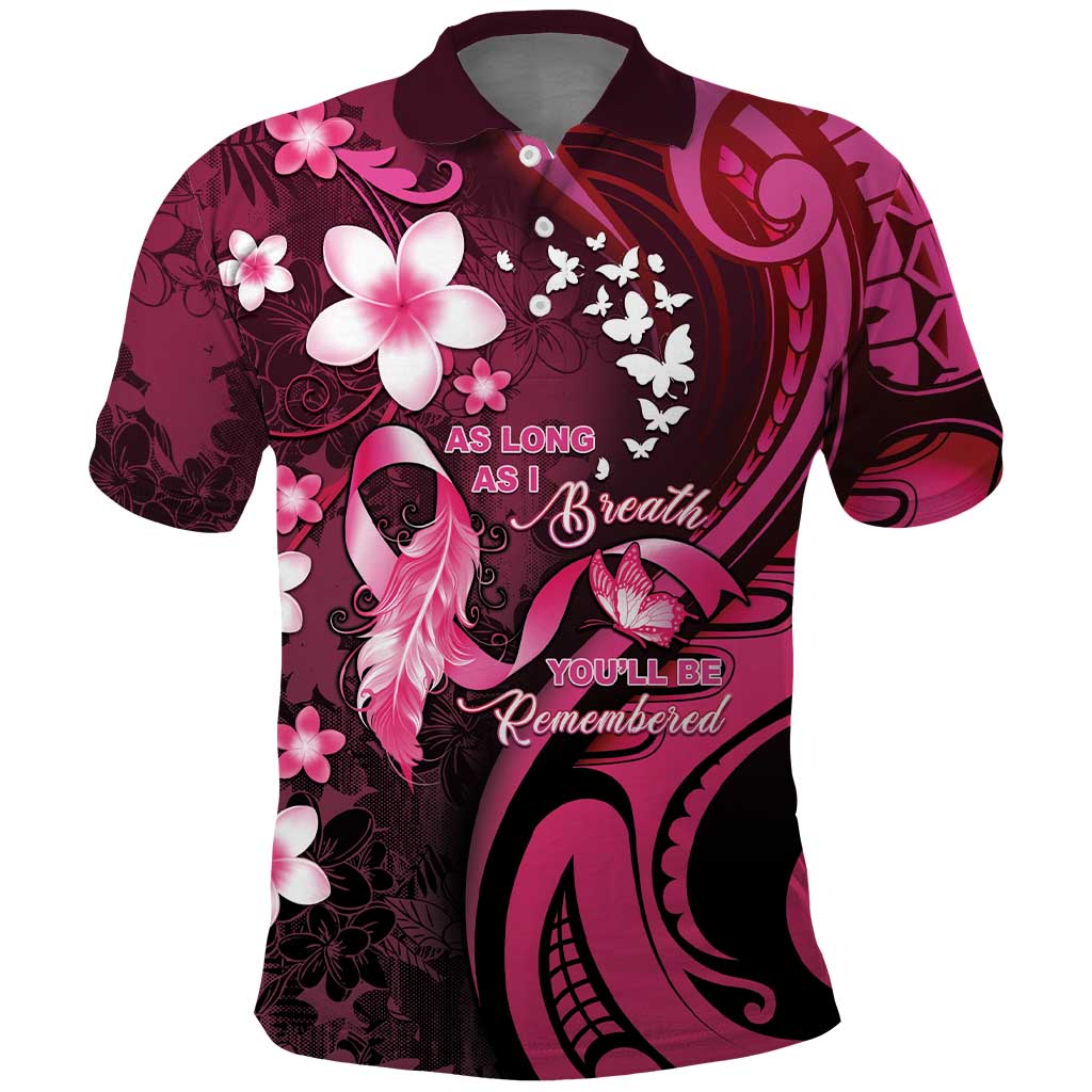 Personalised Memorial Breast Cancer Awareness Polo Shirt Plumeria Floral Tribal Pattern - Polynesian Pride
