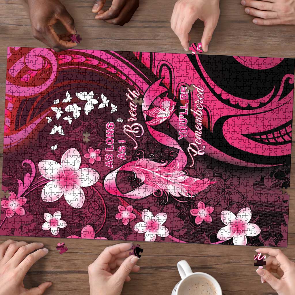 Memorial Breast Cancer Awareness Puzzle Plumeria Floral Tribal Pattern - Polynesian Pride