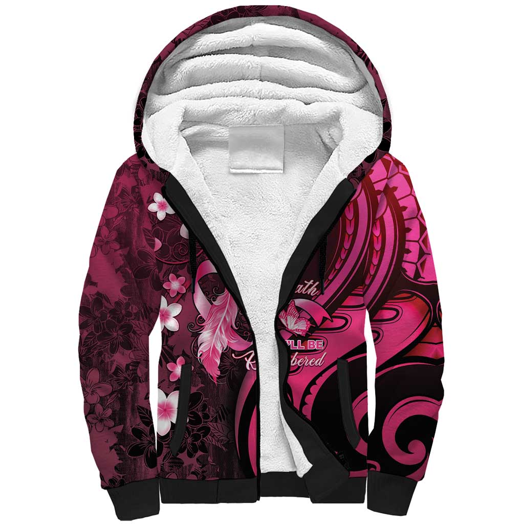Personalised Memorial Breast Cancer Awareness Sherpa Hoodie Plumeria Floral Tribal Pattern - Polynesian Pride