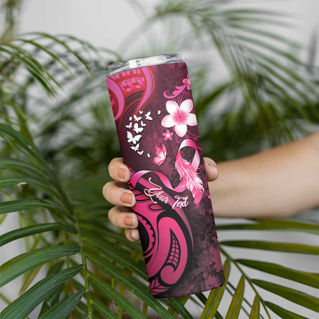 Personalised Memorial Breast Cancer Awareness Skinny Tumbler Plumeria Floral Tribal Pattern - Polynesian Pride