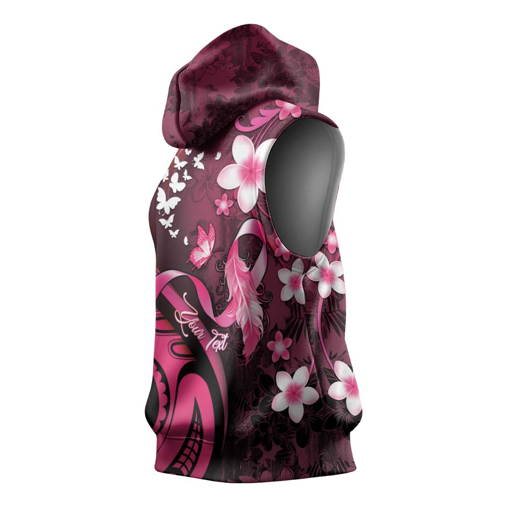 Personalised Memorial Breast Cancer Awareness Sleeveless Hoodie Plumeria Floral Tribal Pattern - Polynesian Pride