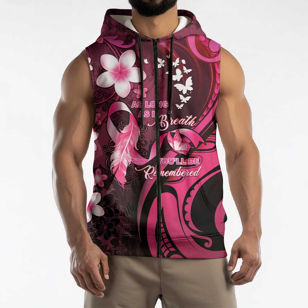 Personalised Memorial Breast Cancer Awareness Sleeveless Zip Hoodie Plumeria Floral Tribal Pattern - Polynesian Pride
