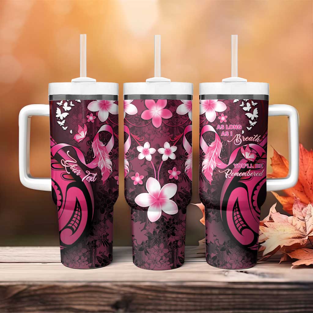 Personalised Memorial Breast Cancer Awareness Tumbler With Handle Plumeria Floral Tribal Pattern - Polynesian Pride