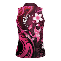 Personalised Memorial Breast Cancer Awareness Women Sleeveless Polo Shirt Plumeria Floral Tribal Pattern - Polynesian Pride