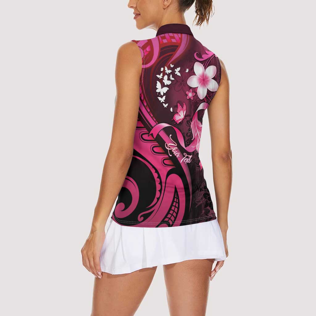 Personalised Memorial Breast Cancer Awareness Women Sleeveless Polo Shirt Plumeria Floral Tribal Pattern - Polynesian Pride