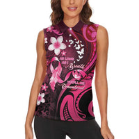 Personalised Memorial Breast Cancer Awareness Women Sleeveless Polo Shirt Plumeria Floral Tribal Pattern - Polynesian Pride