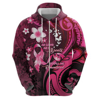 Personalised Memorial Breast Cancer Awareness Zip Hoodie Plumeria Floral Tribal Pattern - Polynesian Pride