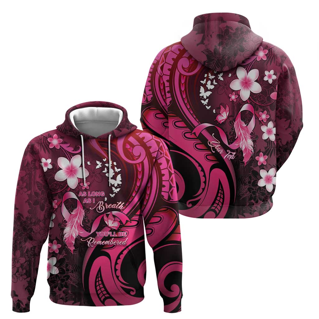 Personalised Memorial Breast Cancer Awareness Zip Hoodie Plumeria Floral Tribal Pattern - Polynesian Pride