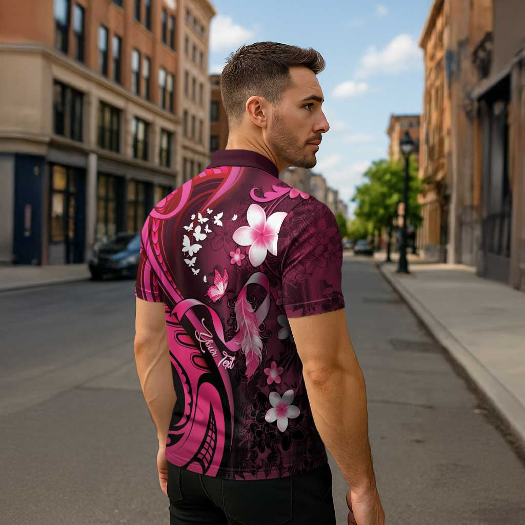 Personalised Memorial Breast Cancer Awareness Zipper Polo Shirt Plumeria Floral Tribal Pattern - Polynesian Pride