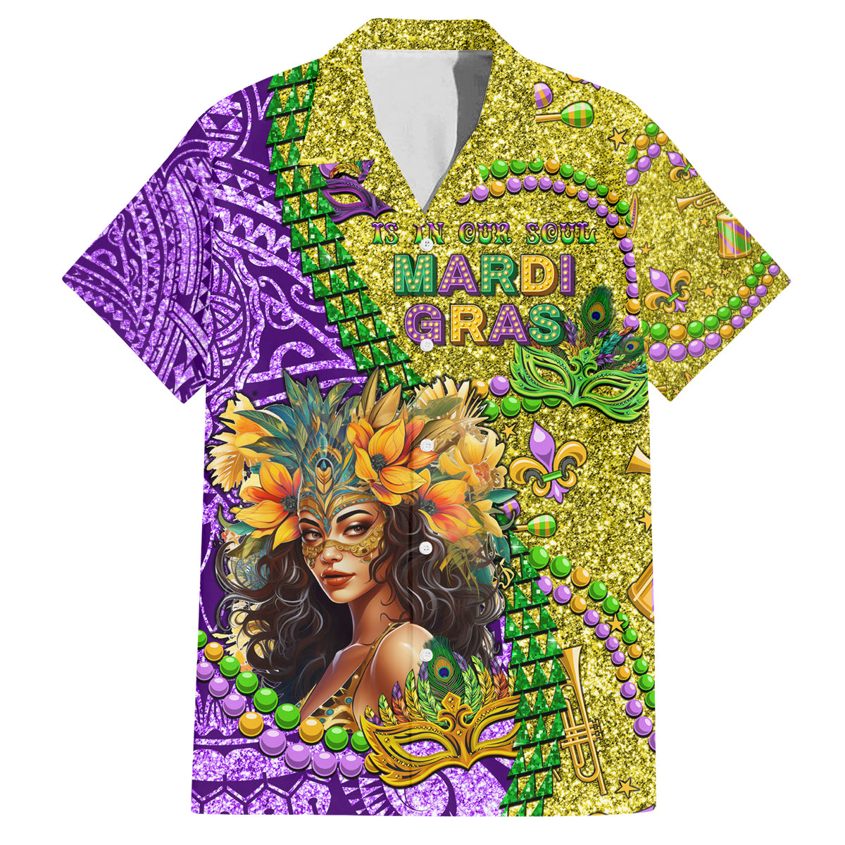 Personalised Hawaii Mardi Gras Family Matching Long Sleeve Bodycon Dress and Hawaiian Shirt Polynesian Pattern With Glitter Style LT05 Dad's Shirt - Short Sleeve Yellow - Polynesian Pride