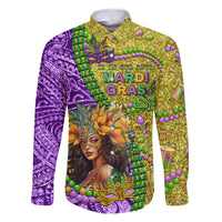 Personalised Hawaii Mardi Gras Family Matching Long Sleeve Bodycon Dress and Hawaiian Shirt Polynesian Pattern With Glitter Style LT05 Dad's Shirt - Long Sleeve Yellow - Polynesian Pride