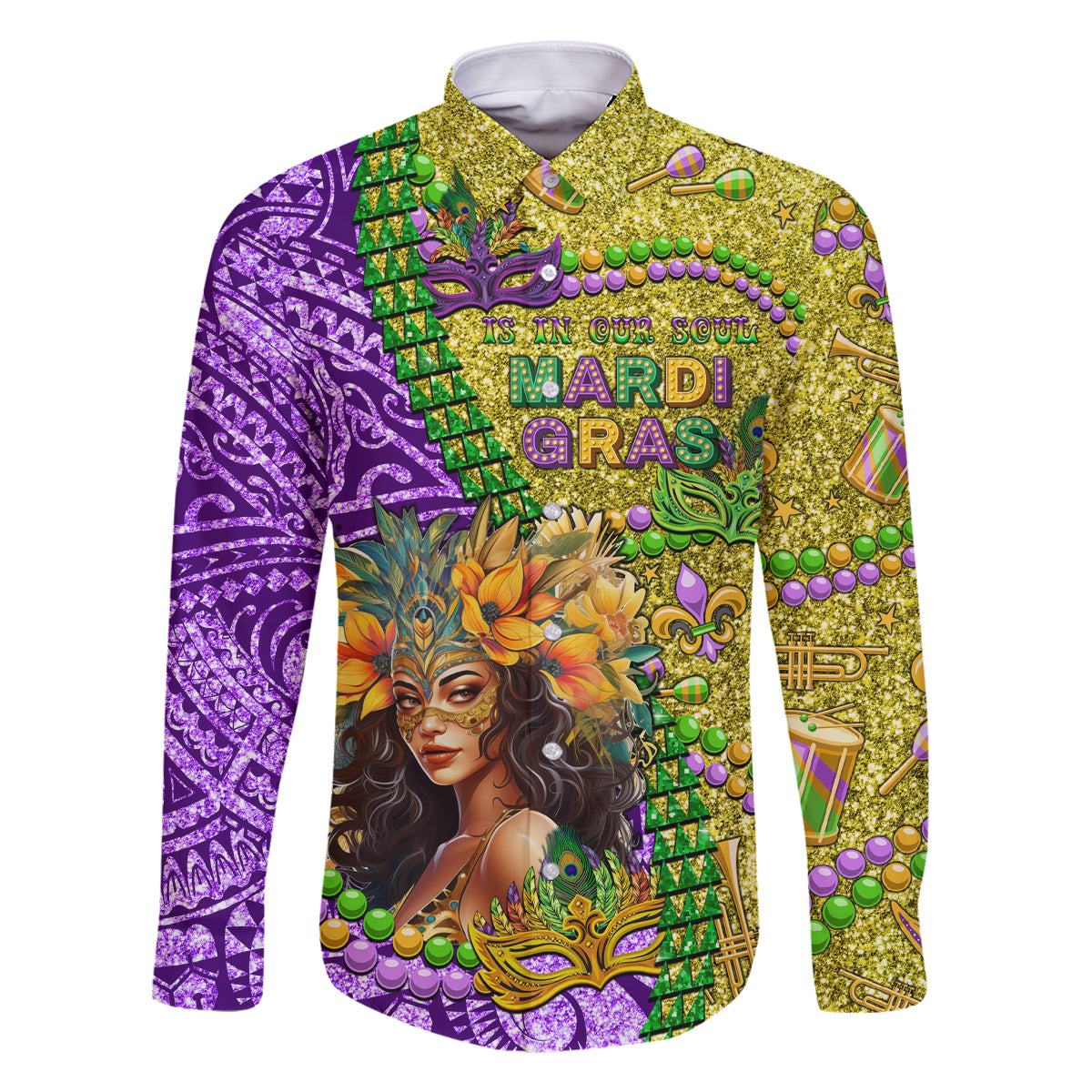 Personalised Hawaii Mardi Gras Family Matching Off Shoulder Maxi Dress and Hawaiian Shirt Polynesian Pattern With Glitter Style LT05 Dad's Shirt - Long Sleeve Yellow - Polynesian Pride