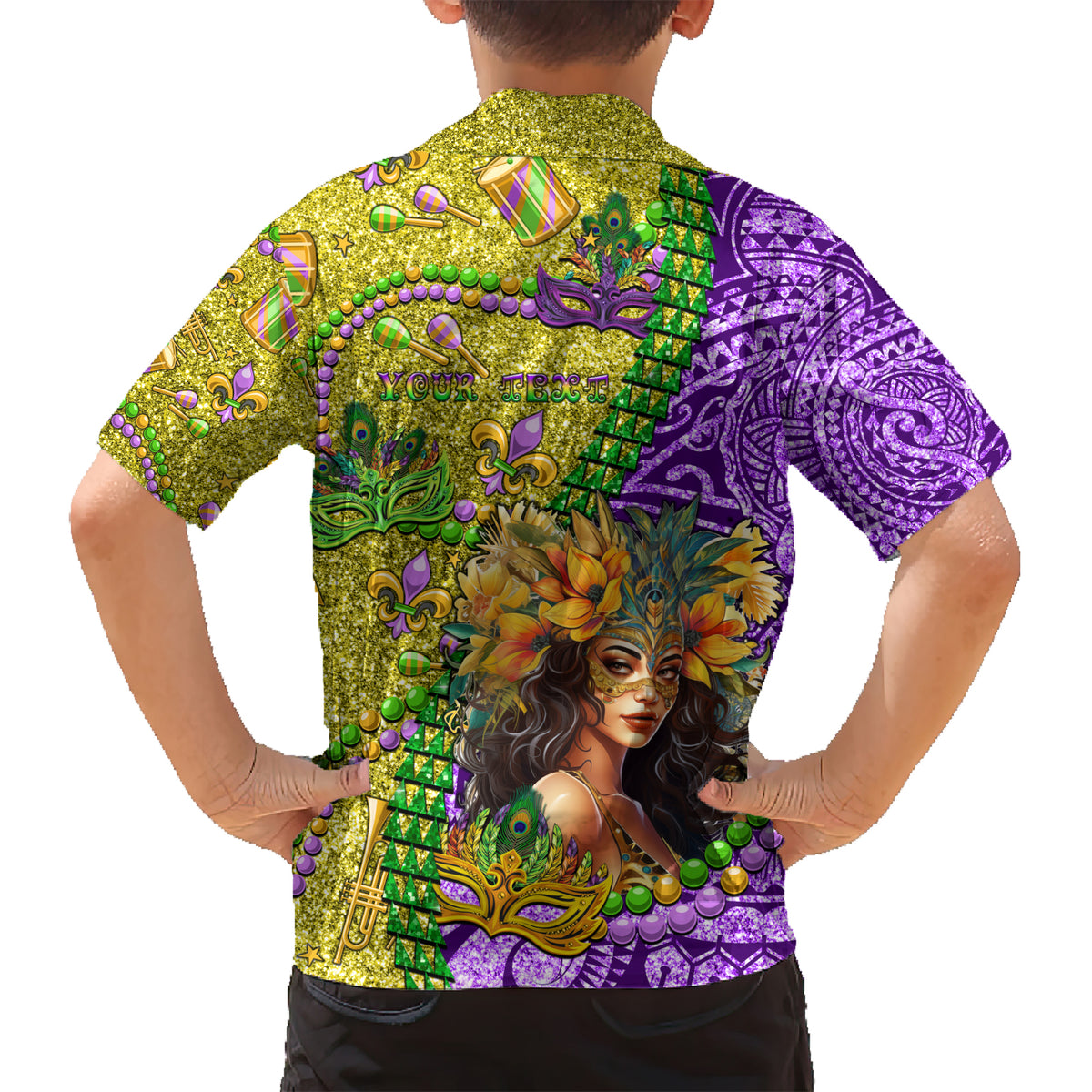 Personalised Hawaii Mardi Gras Kid Hawaiian Shirt Polynesian Pattern With Glitter Style LT05 - Polynesian Pride