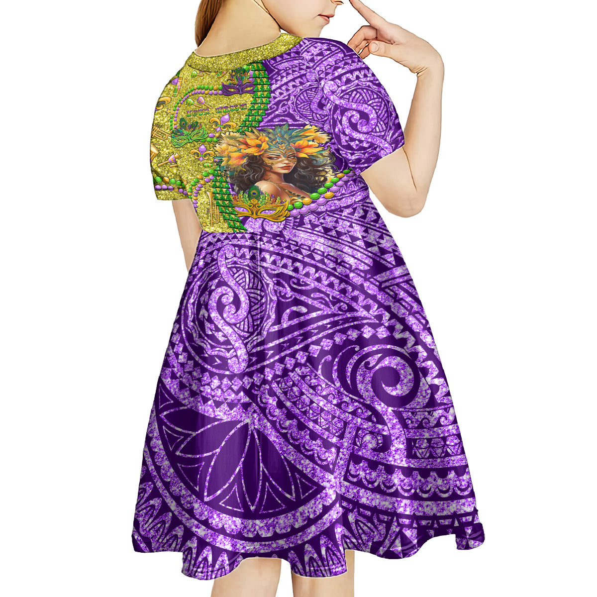Personalised Hawaii Mardi Gras Kid Short Sleeve Dress Polynesian Pattern With Glitter Style LT05 - Polynesian Pride