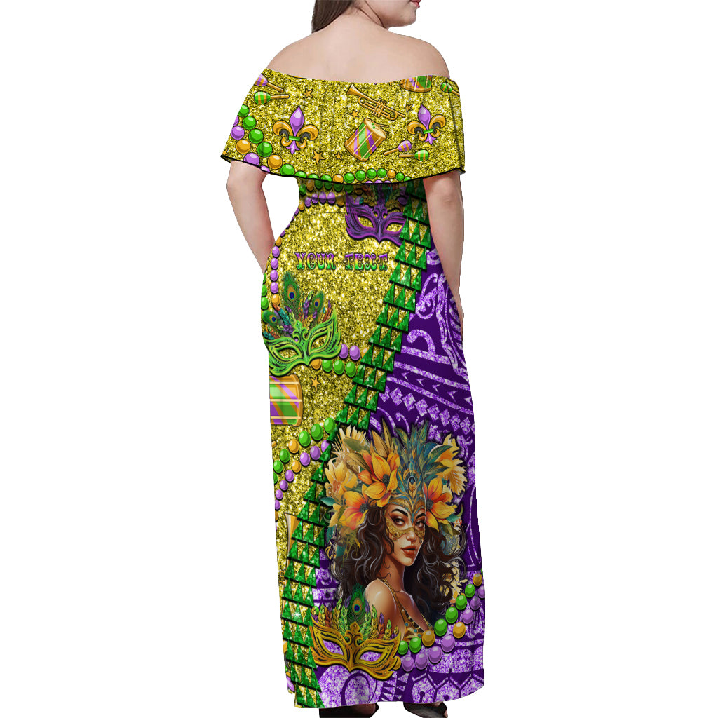Personalised Hawaii Mardi Gras Off Shoulder Maxi Dress Polynesian Pattern With Glitter Style LT05 - Polynesian Pride