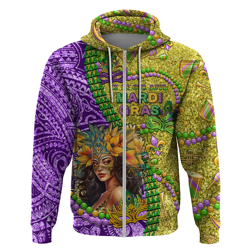 Personalised Hawaii Mardi Gras Zip Hoodie Polynesian Pattern With Glitter Style LT05 Zip Hoodie Yellow - Polynesian Pride