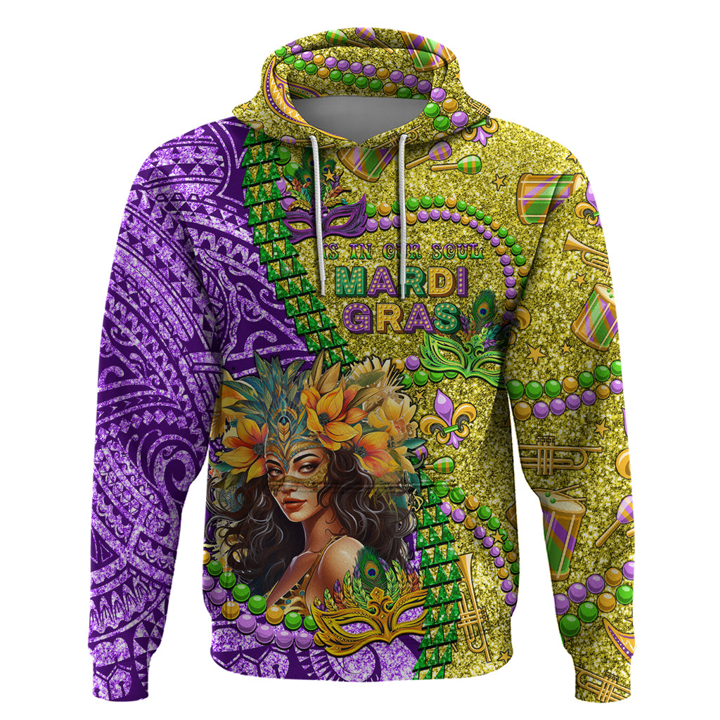 Personalised Hawaii Mardi Gras Zip Hoodie Polynesian Pattern With Glitter Style LT05 Pullover Hoodie Yellow - Polynesian Pride