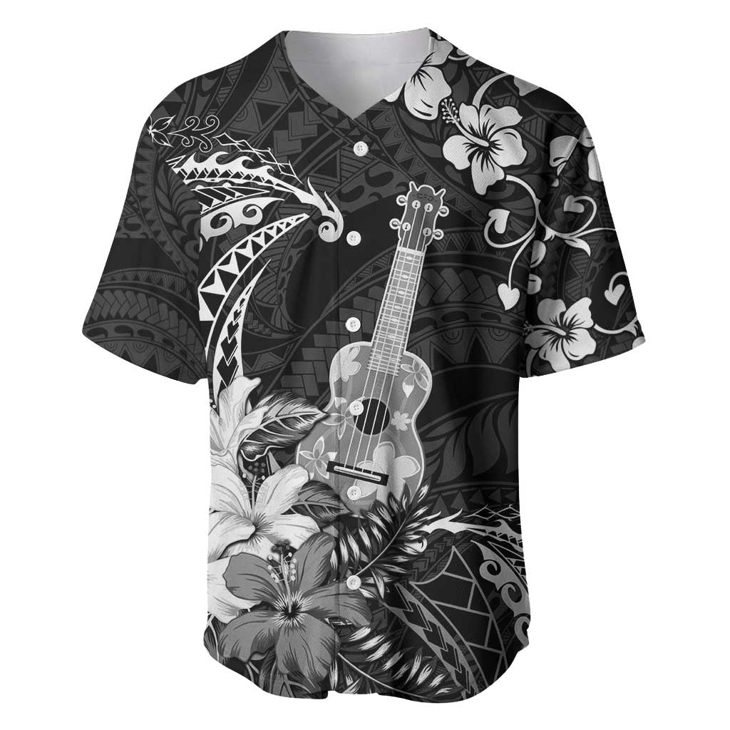Hawaii Ukulele Baseball Jersey Polynesian Pattern Mix Hibiscus Black Version LT05 Black - Polynesian Pride