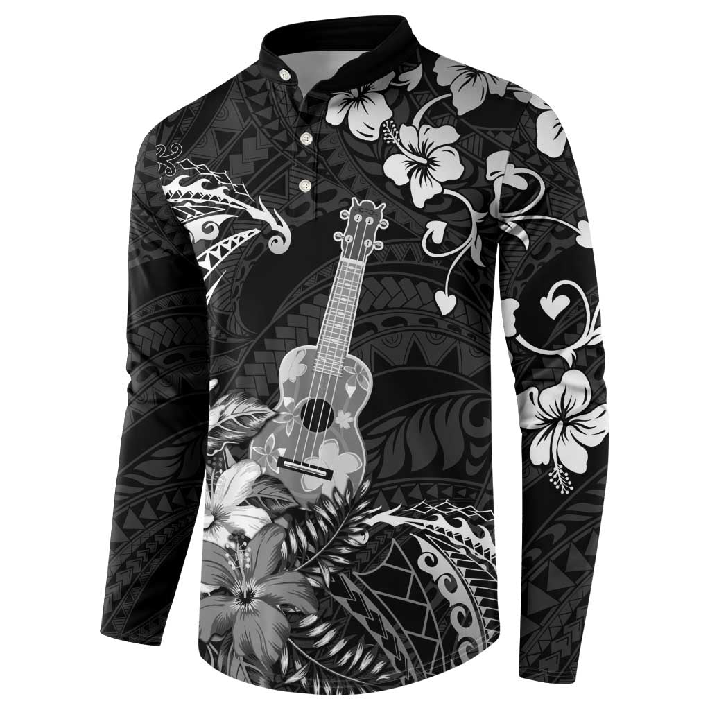 Hawaii Ukulele Button Sweatshirt Polynesian Pattern Mix Hibiscus Black Version LT05 - Polynesian Pride