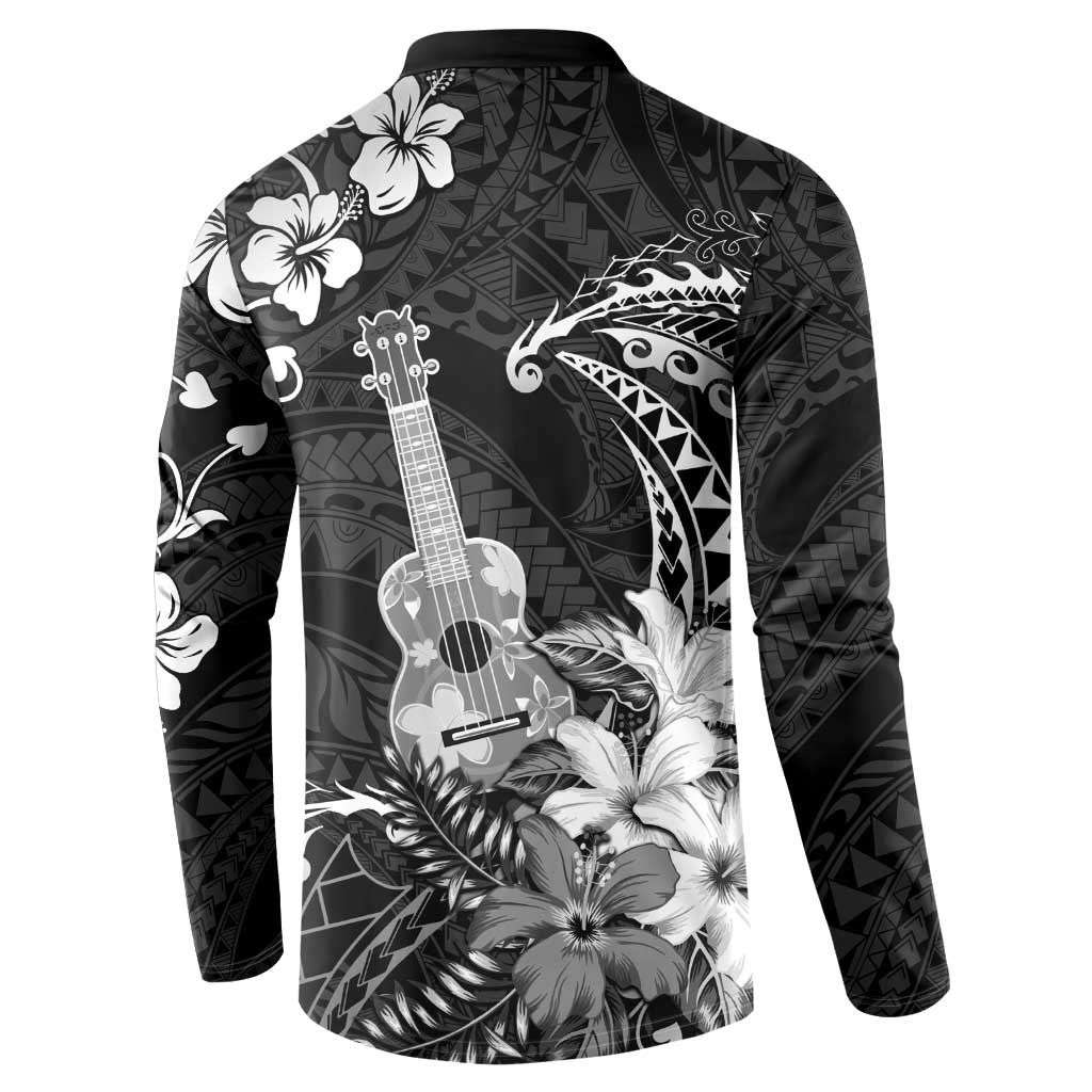 Hawaii Ukulele Button Sweatshirt Polynesian Pattern Mix Hibiscus Black Version LT05 - Polynesian Pride