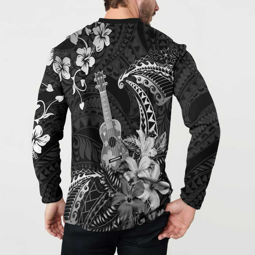 Hawaii Ukulele Button Sweatshirt Polynesian Pattern Mix Hibiscus Black Version LT05 - Polynesian Pride