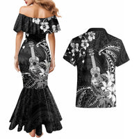 Hawaii Ukulele Couples Matching Mermaid Dress and Hawaiian Shirt Polynesian Pattern Mix Hibiscus Black Version LT05 - Polynesian Pride