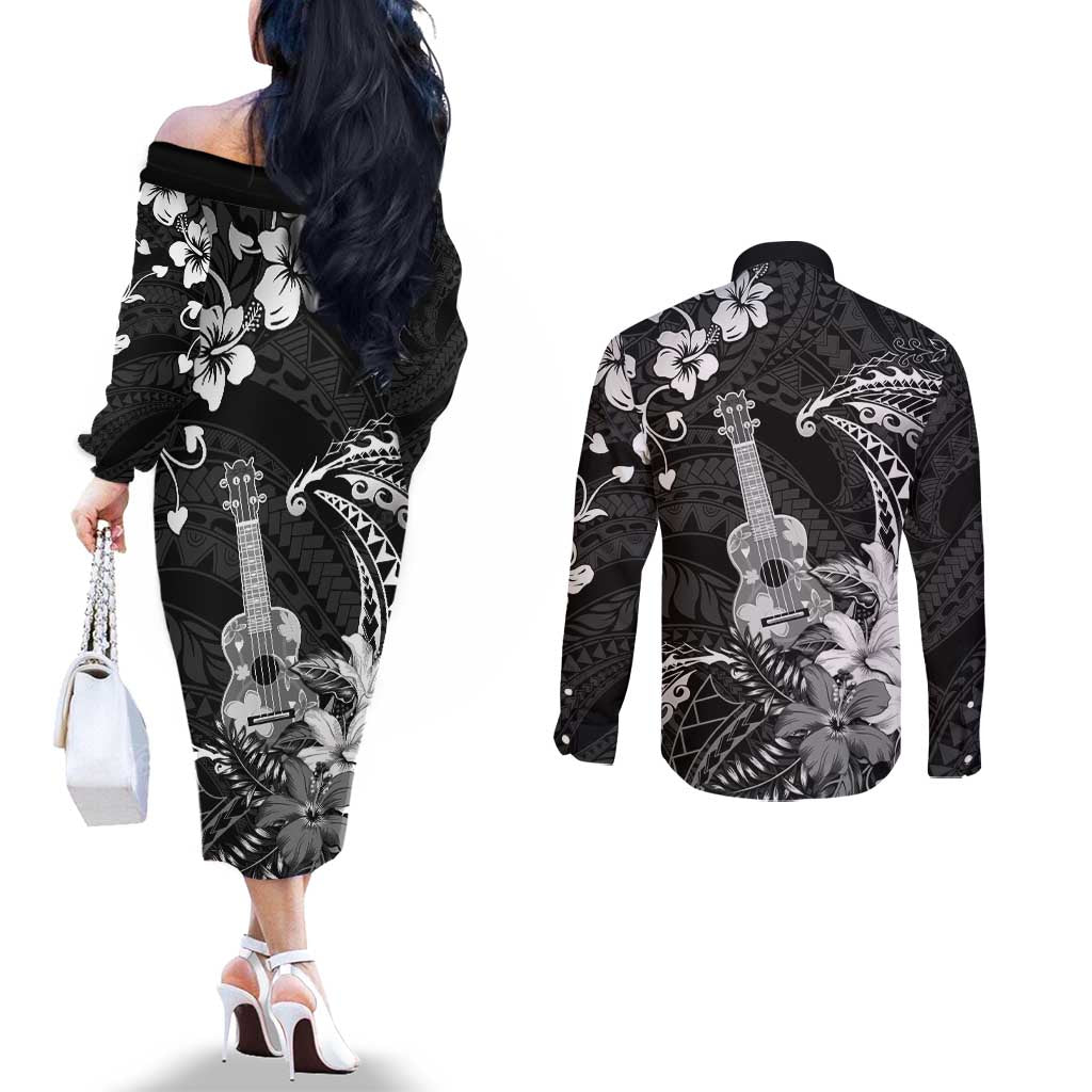 Hawaii Ukulele Couples Matching Off The Shoulder Long Sleeve Dress and Long Sleeve Button Shirt Polynesian Pattern Mix Hibiscus Black Version LT05