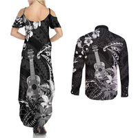 Hawaii Ukulele Couples Matching Summer Maxi Dress and Long Sleeve Button Shirt Polynesian Pattern Mix Hibiscus Black Version LT05 - Polynesian Pride