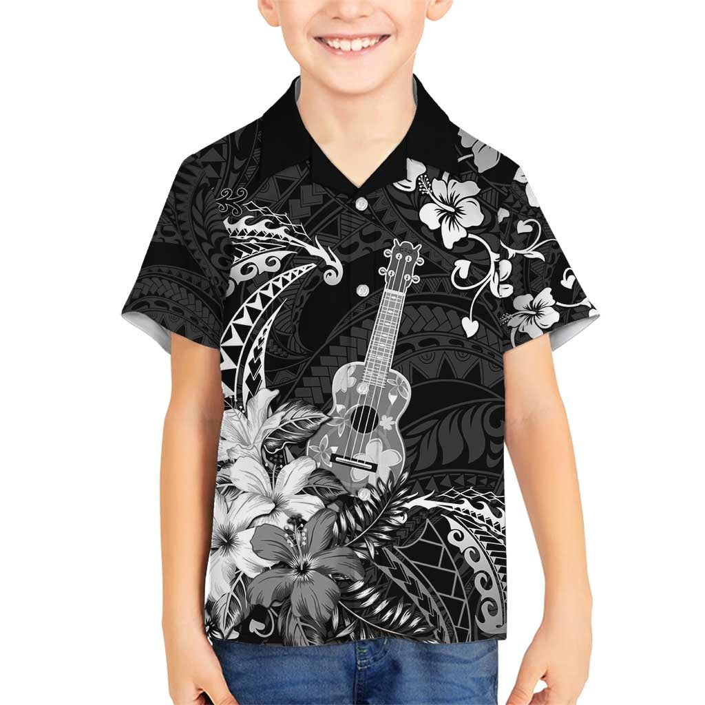 Hawaii Ukulele Family Matching Long Sleeve Bodycon Dress and Hawaiian Shirt Polynesian Pattern Mix Hibiscus Black Version LT05