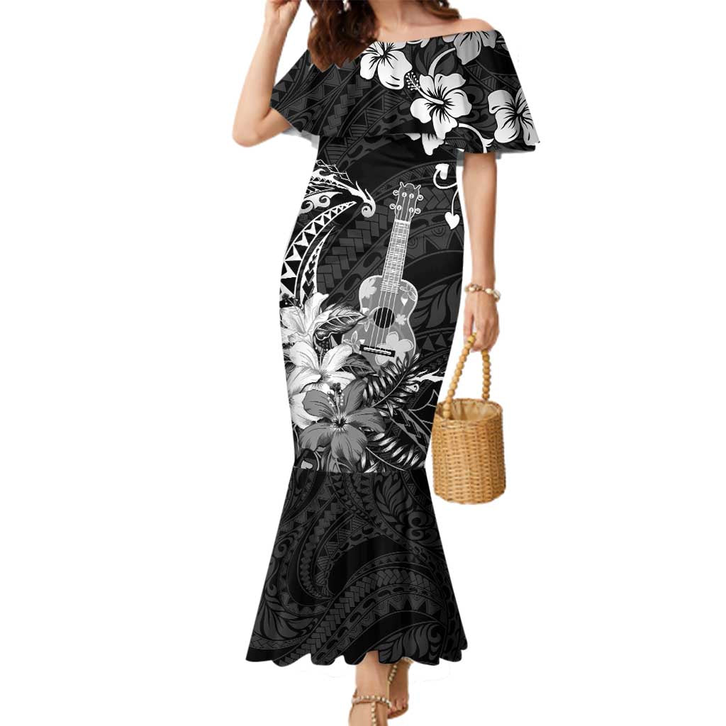 Hawaii Ukulele Family Matching Mermaid Dress and Hawaiian Shirt Polynesian Pattern Mix Hibiscus Black Version LT05 Mom's Dress Black - Polynesian Pride