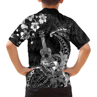 Hawaii Ukulele Family Matching Off Shoulder Maxi Dress and Hawaiian Shirt Polynesian Pattern Mix Hibiscus Black Version LT05