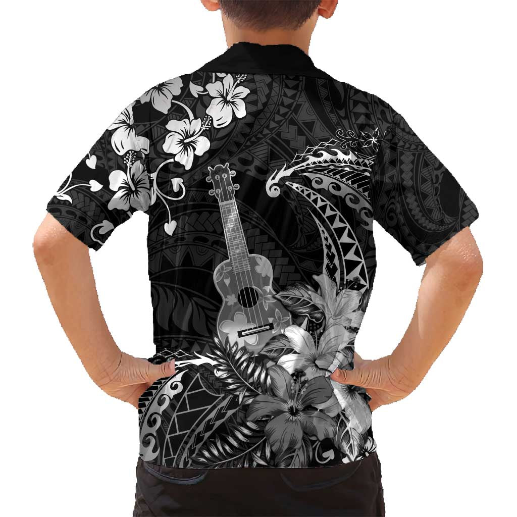 Hawaii Ukulele Family Matching Off Shoulder Short Dress and Hawaiian Shirt Polynesian Pattern Mix Hibiscus Black Version LT05