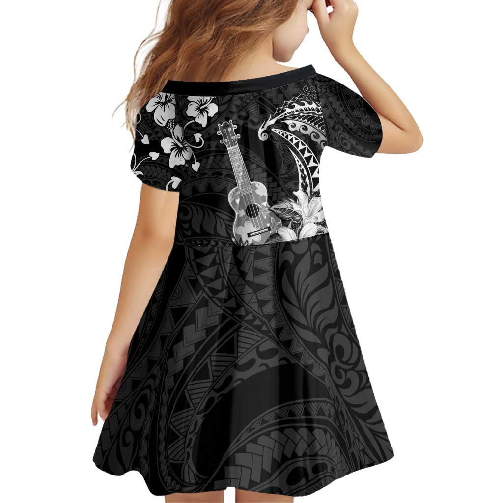 Hawaii Ukulele Family Matching Off Shoulder Short Dress and Hawaiian Shirt Polynesian Pattern Mix Hibiscus Black Version LT05