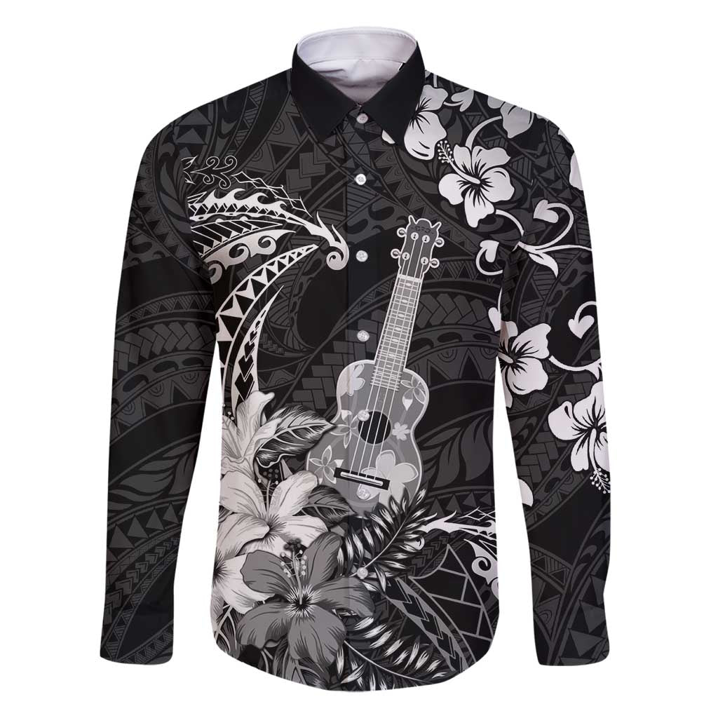 Hawaii Ukulele Family Matching Off Shoulder Short Dress and Hawaiian Shirt Polynesian Pattern Mix Hibiscus Black Version LT05