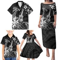 Hawaii Ukulele Family Matching Puletasi and Hawaiian Shirt Polynesian Pattern Mix Hibiscus Black Version LT05