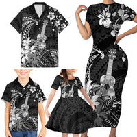 Hawaii Ukulele Family Matching Short Sleeve Bodycon Dress and Hawaiian Shirt Polynesian Pattern Mix Hibiscus Black Version LT05 - Polynesian Pride