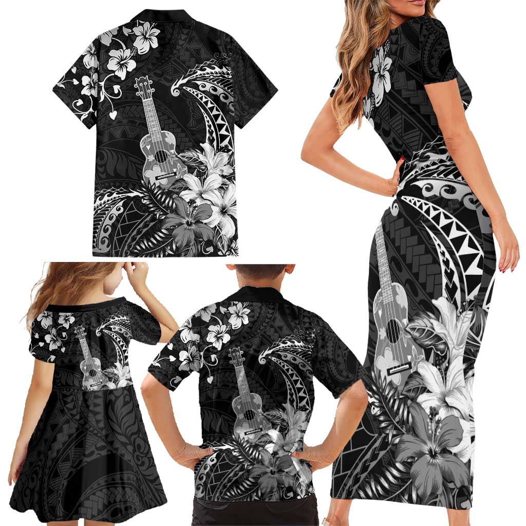Hawaii Ukulele Family Matching Short Sleeve Bodycon Dress and Hawaiian Shirt Polynesian Pattern Mix Hibiscus Black Version LT05 - Polynesian Pride
