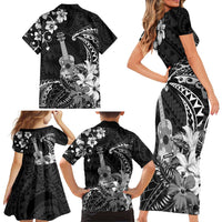 Hawaii Ukulele Family Matching Short Sleeve Bodycon Dress and Hawaiian Shirt Polynesian Pattern Mix Hibiscus Black Version LT05 - Polynesian Pride