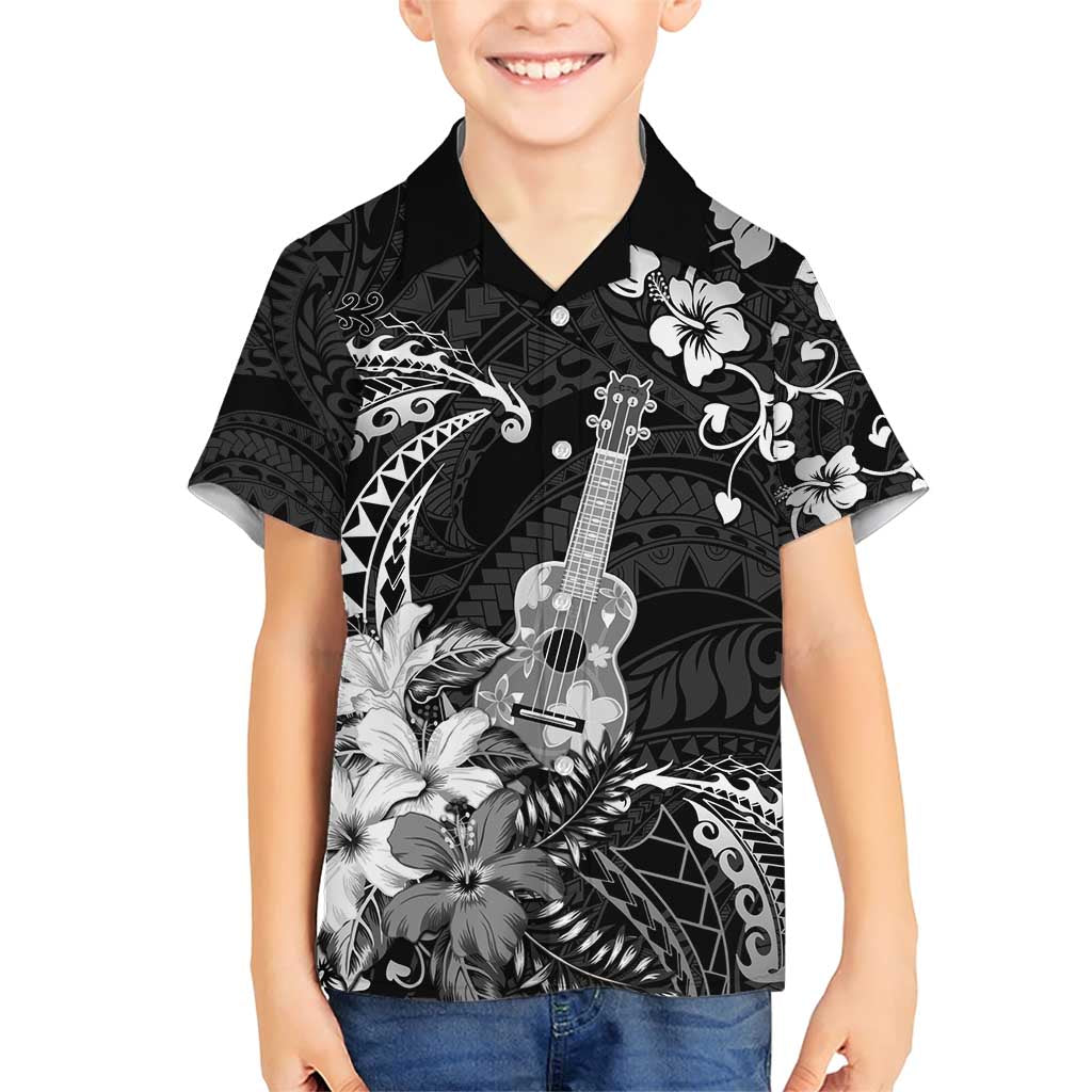 Hawaii Ukulele Family Matching Short Sleeve Bodycon Dress and Hawaiian Shirt Polynesian Pattern Mix Hibiscus Black Version LT05 Son's Shirt Black - Polynesian Pride