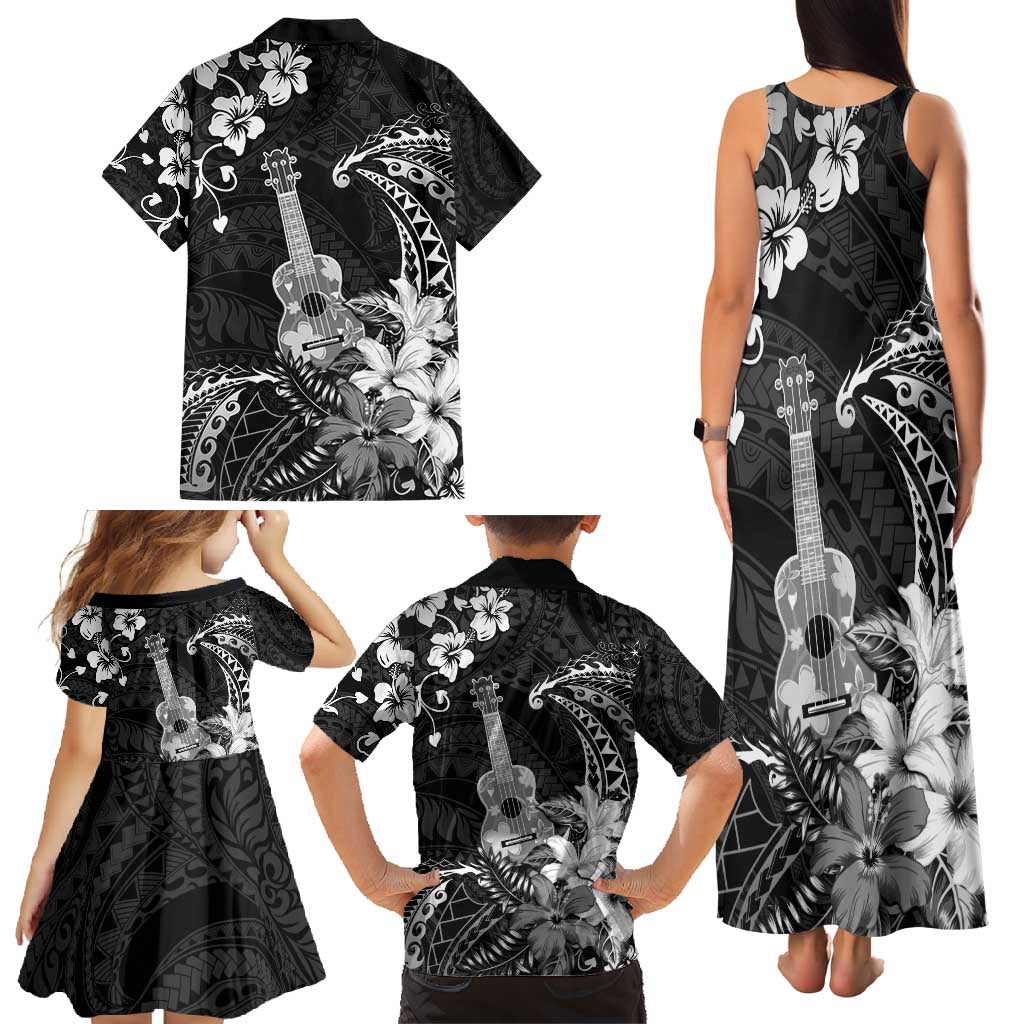 Hawaii Ukulele Family Matching Tank Maxi Dress and Hawaiian Shirt Polynesian Pattern Mix Hibiscus Black Version LT05 - Polynesian Pride