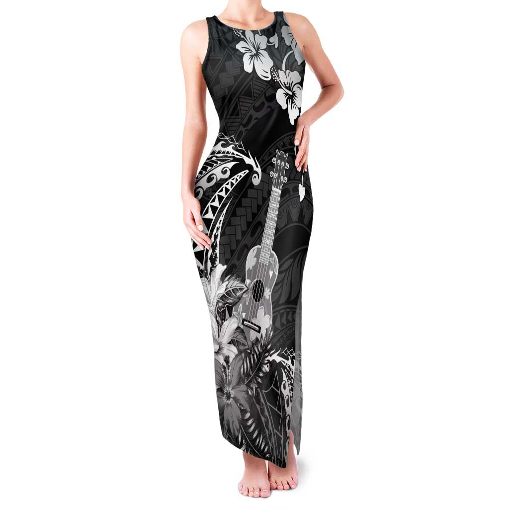 Hawaii Ukulele Family Matching Tank Maxi Dress and Hawaiian Shirt Polynesian Pattern Mix Hibiscus Black Version LT05 Mom's Dress Black - Polynesian Pride