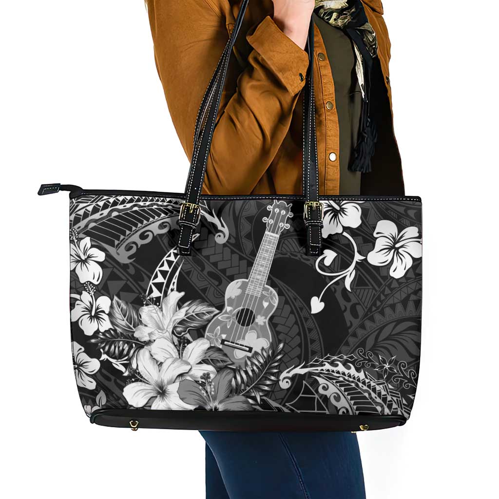 Hawaii Ukulele Leather Tote Bag Polynesian Pattern Mix Hibiscus Black Version LT05 - Polynesian Pride