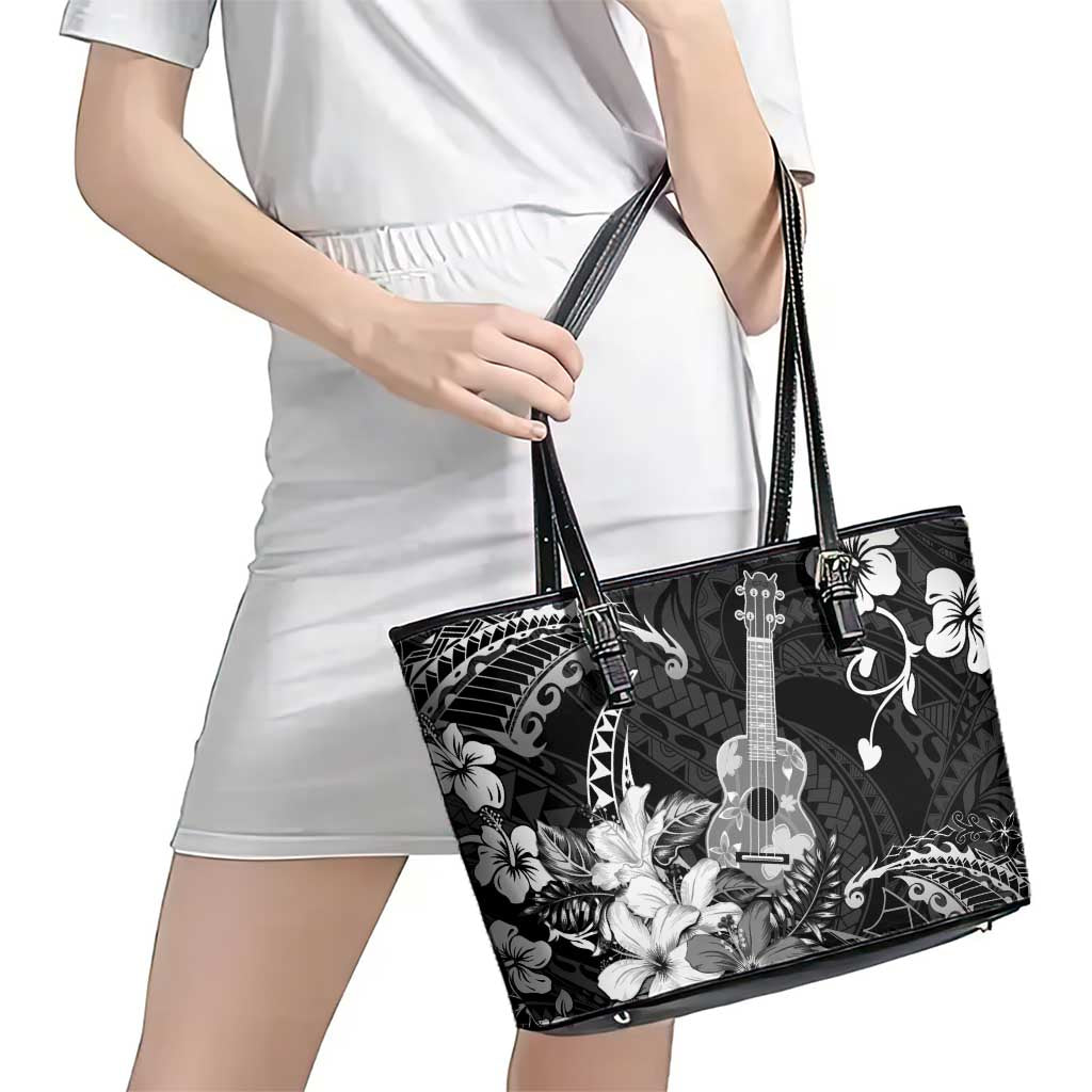 Hawaii Ukulele Leather Tote Bag Polynesian Pattern Mix Hibiscus Black Version LT05 - Polynesian Pride