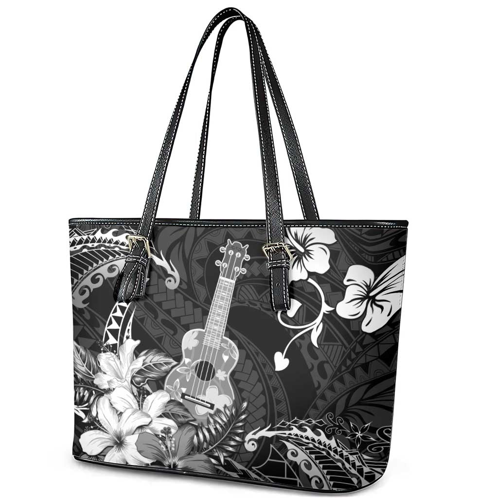 Hawaii Ukulele Leather Tote Bag Polynesian Pattern Mix Hibiscus Black Version LT05 - Polynesian Pride