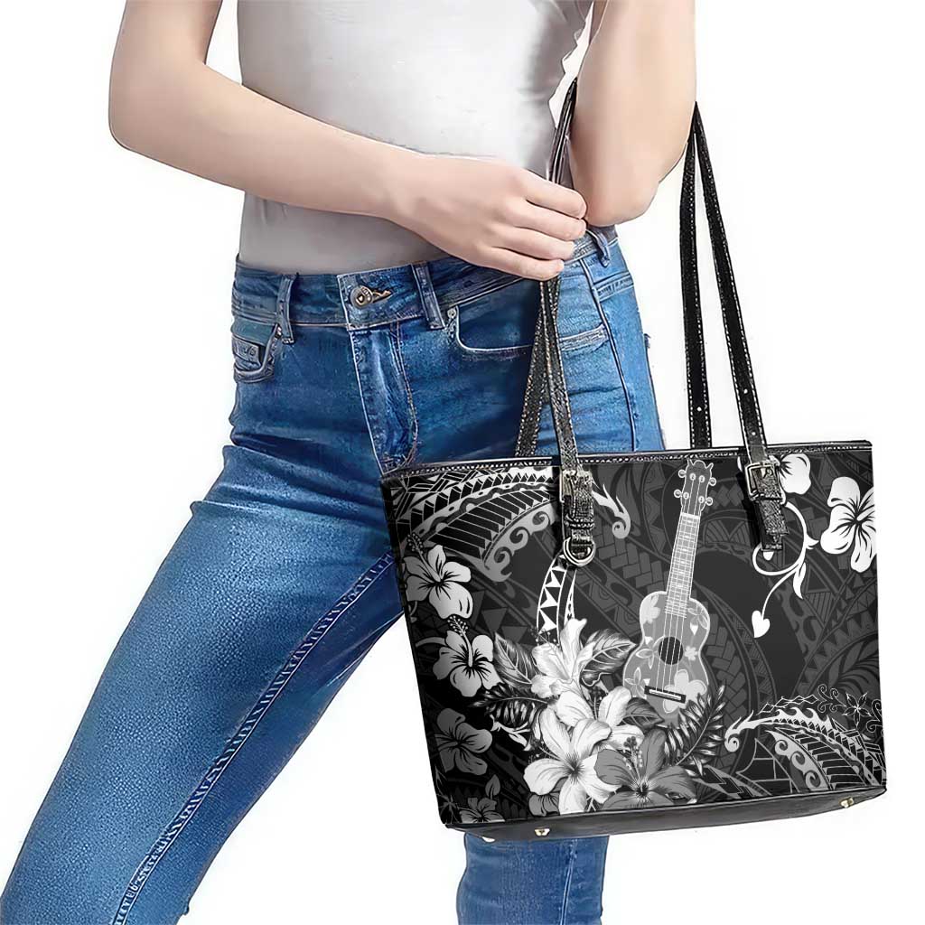 Hawaii Ukulele Leather Tote Bag Polynesian Pattern Mix Hibiscus Black Version LT05 - Polynesian Pride