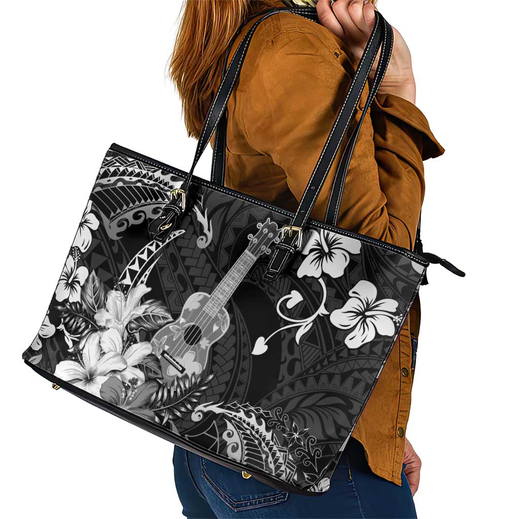 Hawaii Ukulele Leather Tote Bag Polynesian Pattern Mix Hibiscus Black Version LT05 - Polynesian Pride