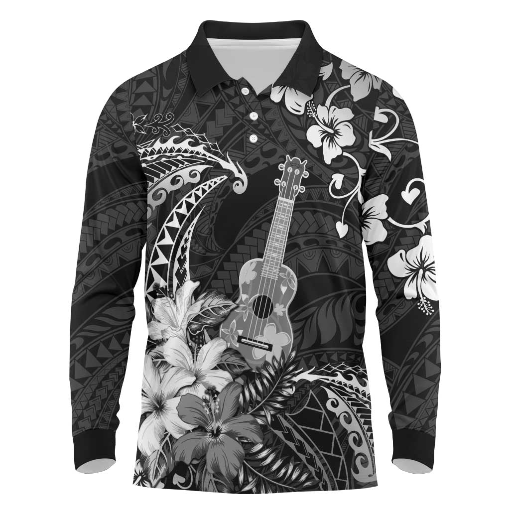 Hawaii Ukulele Long Sleeve Polo Shirt Polynesian Pattern Mix Hibiscus Black Version LT05 Black - Polynesian Pride