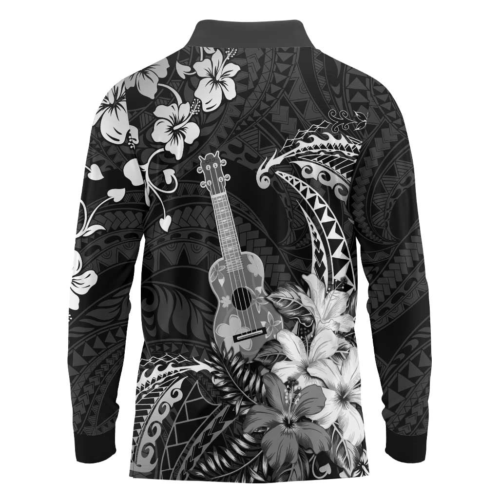 Hawaii Ukulele Long Sleeve Polo Shirt Polynesian Pattern Mix Hibiscus Black Version LT05 - Polynesian Pride