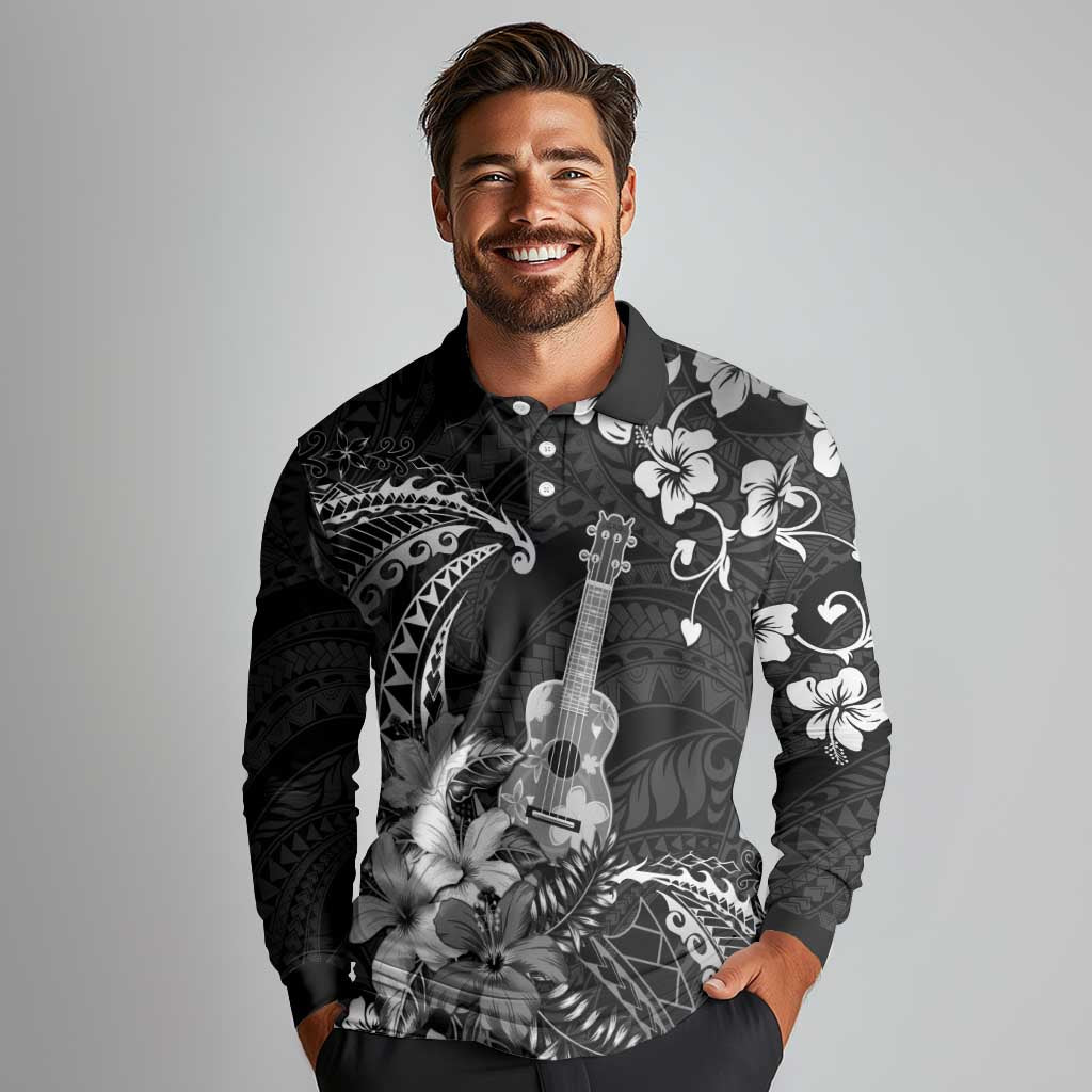 Hawaii Ukulele Long Sleeve Polo Shirt Polynesian Pattern Mix Hibiscus Black Version LT05 - Polynesian Pride