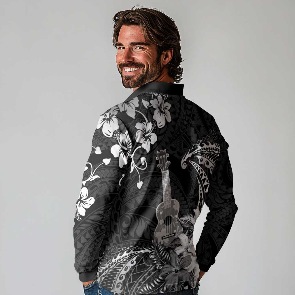 Hawaii Ukulele Long Sleeve Polo Shirt Polynesian Pattern Mix Hibiscus Black Version LT05 - Polynesian Pride